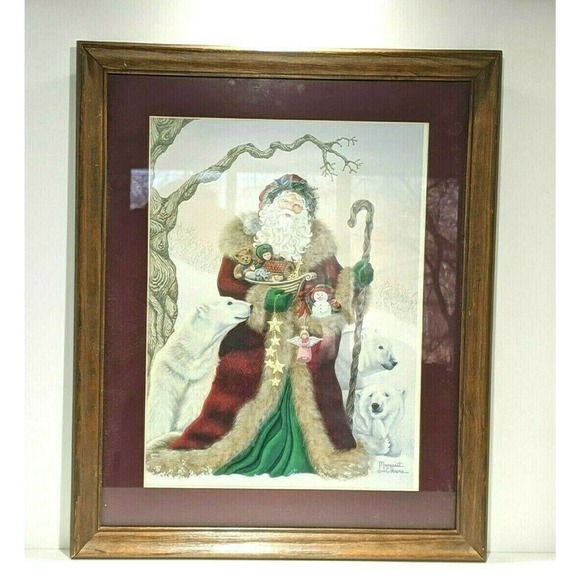 Santa Claus Polar Bears Print Framed Matted Glass Margaret Cobane 18 x 2… - Picture 2 of 6